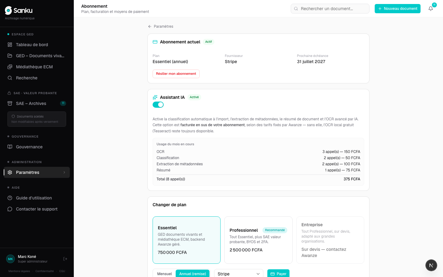 Choisir un plan, payer et télécharger ses factures — capture 2